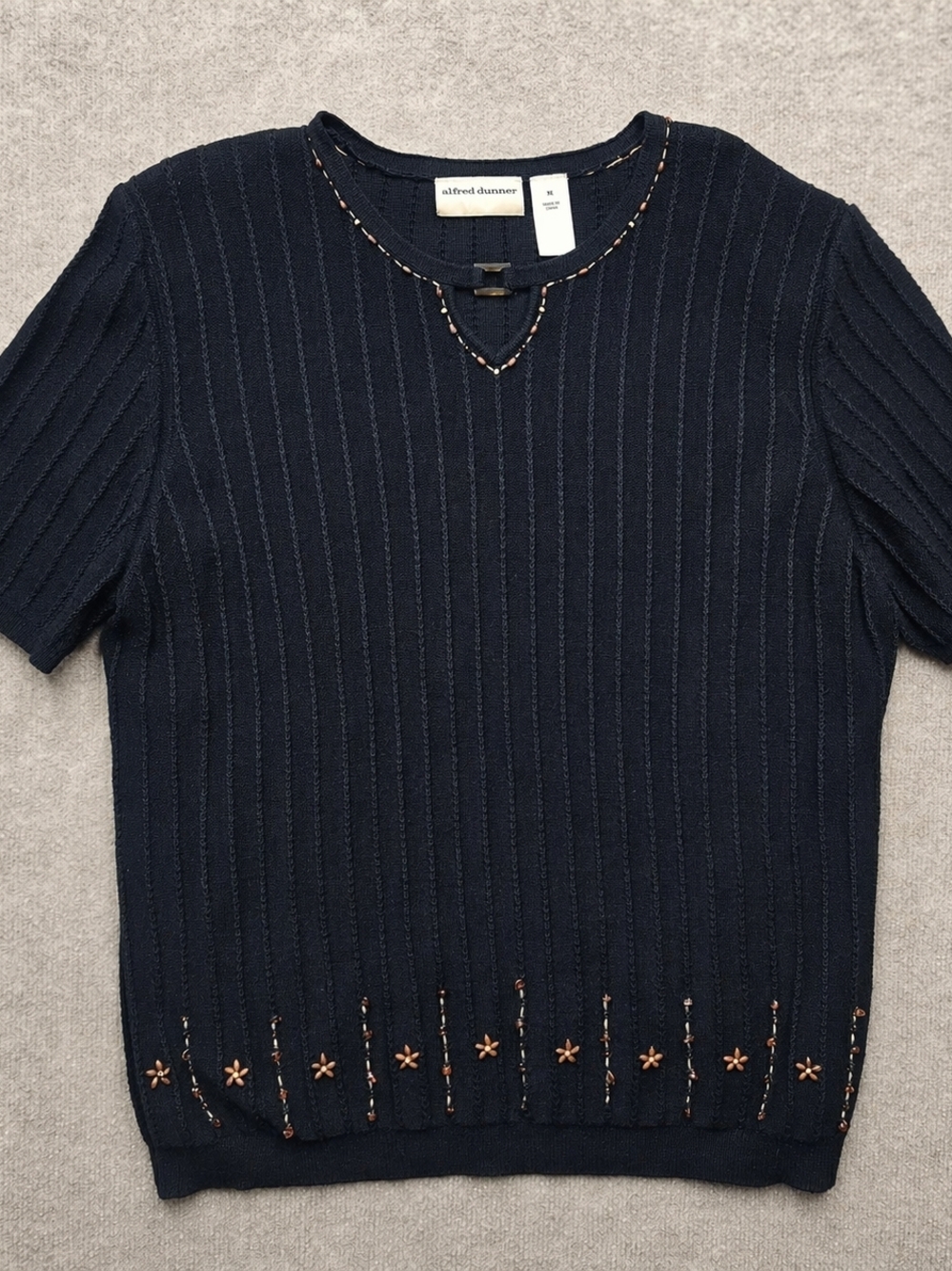 Alfred Dunner 1X Ribbed Knit Top Embellished Keyhole Beaded Short Sleeve